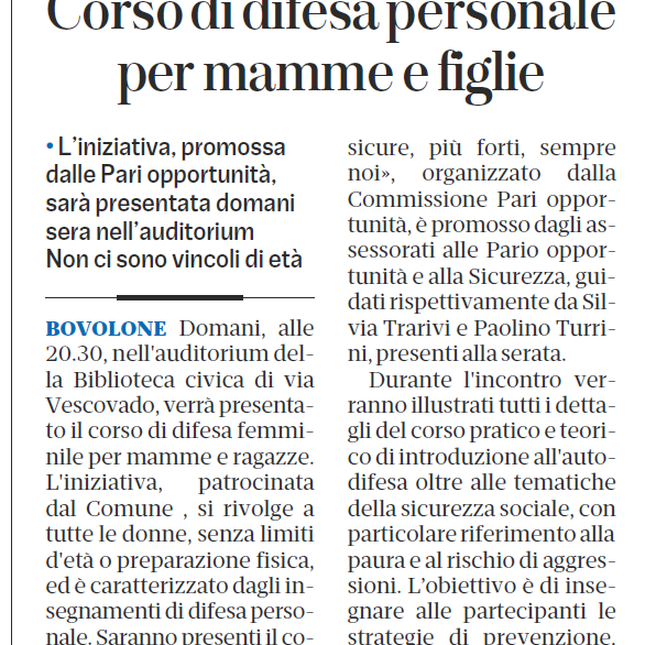 L'Arena - 13 ottobre 2026 - notizia del corso di autodifesa